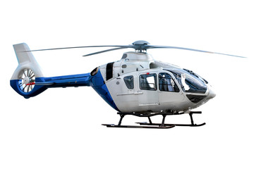 Blue and white helicopter on white background, isolated.