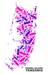 Mosaic Pemba island map isolated on a white background. Vector geographic abstraction in pink and violet colors. Mosaic of Pemba island map combined of random circle dots and lines.