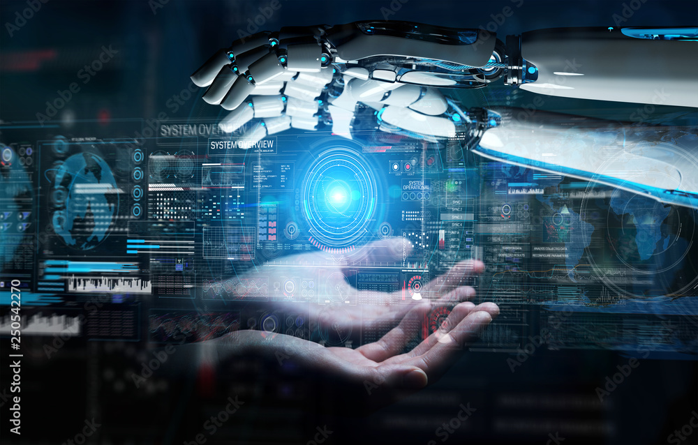 Poster robot hand and human hand touching digital graph interface 3d rendering