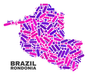 Mosaic Rondonia State map isolated on a white background. Vector geographic abstraction in pink and violet colors. Mosaic of Rondonia State map combined of scattered circle dots and lines.