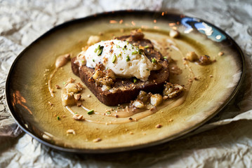 Healthy breakfast food concept with Banana Bread, Mascarpone Cheese