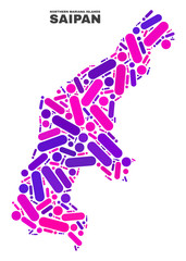 Mosaic Saipan Island map isolated on a white background. Vector geographic abstraction in pink and violet colors. Mosaic of Saipan Island map combined of scattered round points and lines.