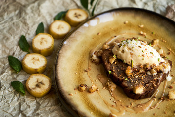 Healthy breakfast food concept with Banana Bread, Mascarpone Cheese