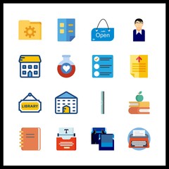16 book icon. Vector illustration book set. ruller and potion icons for book works