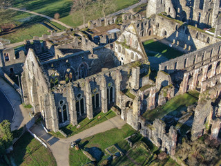 Aerial view of Villers Abbey ruins, an ancient Cistercian abbey located near the town of...