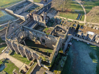 Aerial view of Villers Abbey ruins, an ancient Cistercian abbey located near the town of Villers-la-Ville in the Brabant province of Wallonia, Belgium