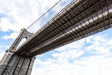 Closeup isolated wide angle view of under Brooklyn Bridge outside exterior outdoors in NYC New York...