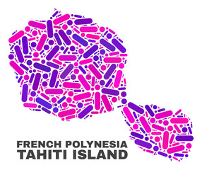 Mosaic Tahiti Island map isolated on a white background. Vector geographic abstraction in pink and violet colors. Mosaic of Tahiti Island map combined of random circle dots and lines.