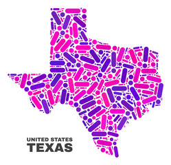 Mosaic Texas State map isolated on a white background. Vector geographic abstraction in pink and violet colors. Mosaic of Texas State map combined of scattered round points and lines.