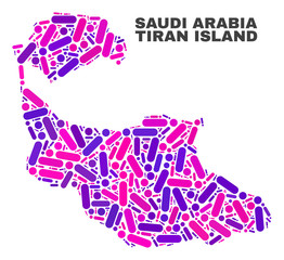 Mosaic Tiran Island map isolated on a white background. Vector geographic abstraction in pink and violet colors. Mosaic of Tiran Island map combined of scattered round points and lines.