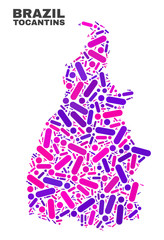 Fototapeta na wymiar Mosaic Tocantins State map isolated on a white background. Vector geographic abstraction in pink and violet colors. Mosaic of Tocantins State map combined of random circle points and lines.