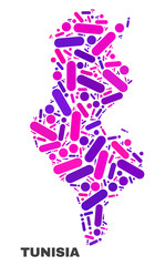 Mosaic Tunisia map isolated on a white background. Vector geographic abstraction in pink and violet colors. Mosaic of Tunisia map combined of scattered round points and lines.