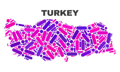 Mosaic Turkey map isolated on a white background. Vector geographic abstraction in pink and violet colors. Mosaic of Turkey map combined of random round points and lines.