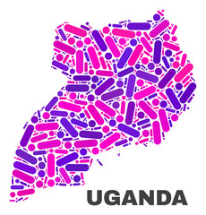 Mosaic Uganda map isolated on a white background. Vector geographic abstraction in pink and violet colors. Mosaic of Uganda map combined of random round points and lines.