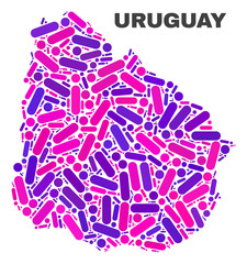 Mosaic Uruguay map isolated on a white background. Vector geographic abstraction in pink and violet colors. Mosaic of Uruguay map designed from random circle dots and lines.