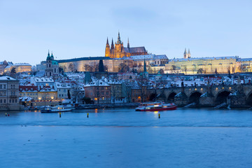 Prague gothic Castle with the Lesser Town and Charles Bridge above River Vltava in the Night, Czech Republic