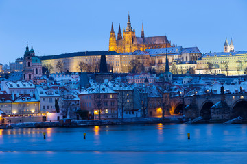 Prague gothic Castle with the Lesser Town and Charles Bridge above River Vltava in the Night, Czech...