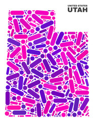 Mosaic Utah State map isolated on a white background. Vector geographic abstraction in pink and violet colors. Mosaic of Utah State map combined of scattered round dots and lines.