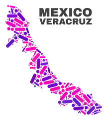 Mosaic Veracruz State map isolated on a white background. Vector geographic abstraction in pink and violet colors. Mosaic of Veracruz State map combined of random circle dots and lines.