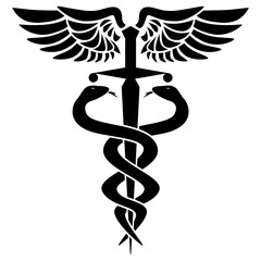 Caduceus medical symbol, with two snakes, sword and wings, isolated vector illustration