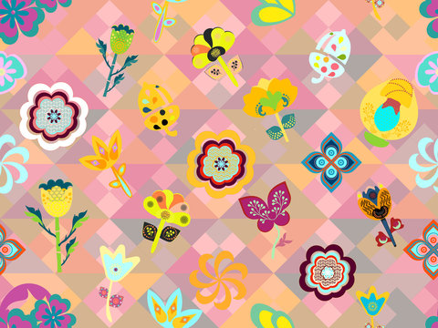 colorful pink whimsical floral pattern tile over geometric texture. modern design for textile, fabric, wallpaper, backgrounds, backdrops, templates and creative surface designs, the tile is seamless