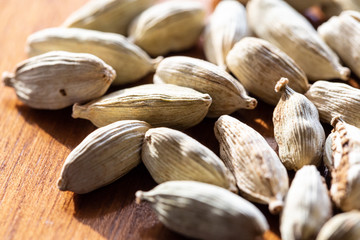Cardamom fruit capsules containing seeds, a culinary spice