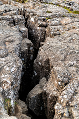 Thingvellir, Iceland National Park canyon continental divide plate rock rift during day vertical view of landscape with rocky mountain