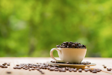 White cup full of coffee beans on Roasted Coffee Beans and wooden table in nature background