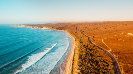 Aerial View of Great Ocean Road and Beaches at Sunset, Victoria, Australia