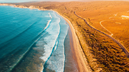 Aerial View of Great Ocean Road and Beaches at Sunset, Victoria, Australia