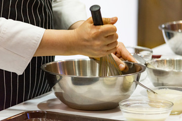 chef making dough on kitchen, Mixing Butter Milk Pastry Bakery, cook and cake