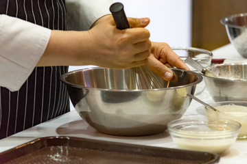 chef making dough on kitchen, Mixing Butter Milk Pastry Bakery, cook and cake