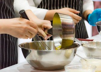 chef making dough on kitchen, Mixing Butter Milk Pastry Bakery, cook and cake