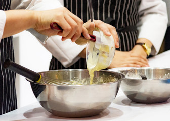 chef making dough on kitchen, Mixing Butter Milk Pastry Bakery, cook and cake