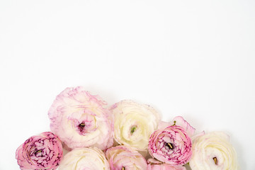 Obraz na płótnie Canvas Pink and White Ranunculus Floral Flat Lay Background