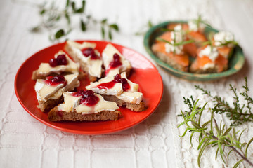 Canapes - smoked salmon and camembert cranberry.