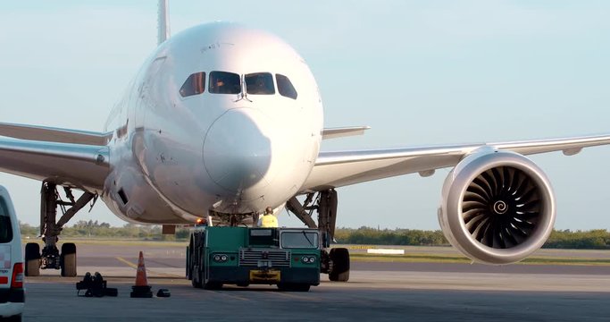Aircraft Push Back and Engine Start - Close Up - Slow Motion