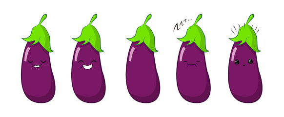 vector illustration of an eggplant Cute cartoon vegetable vector character set isolated on white. Emotions. Stickers. Kawaii