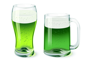 Vector green beer glass and mug isolated on white background. St. Patricks day