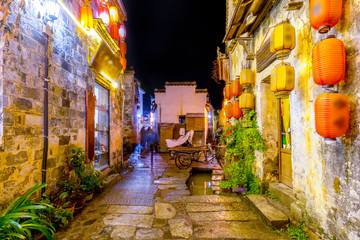 Fototapeta na wymiar The Old Street Nightscape of Hongcun Ancient Town in China..