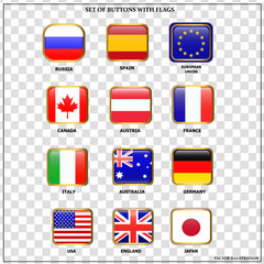 Naklejka premium Bright set of banners with flags. Colorful illustration with flags of the world for web design. Vector illustration with transparent background.