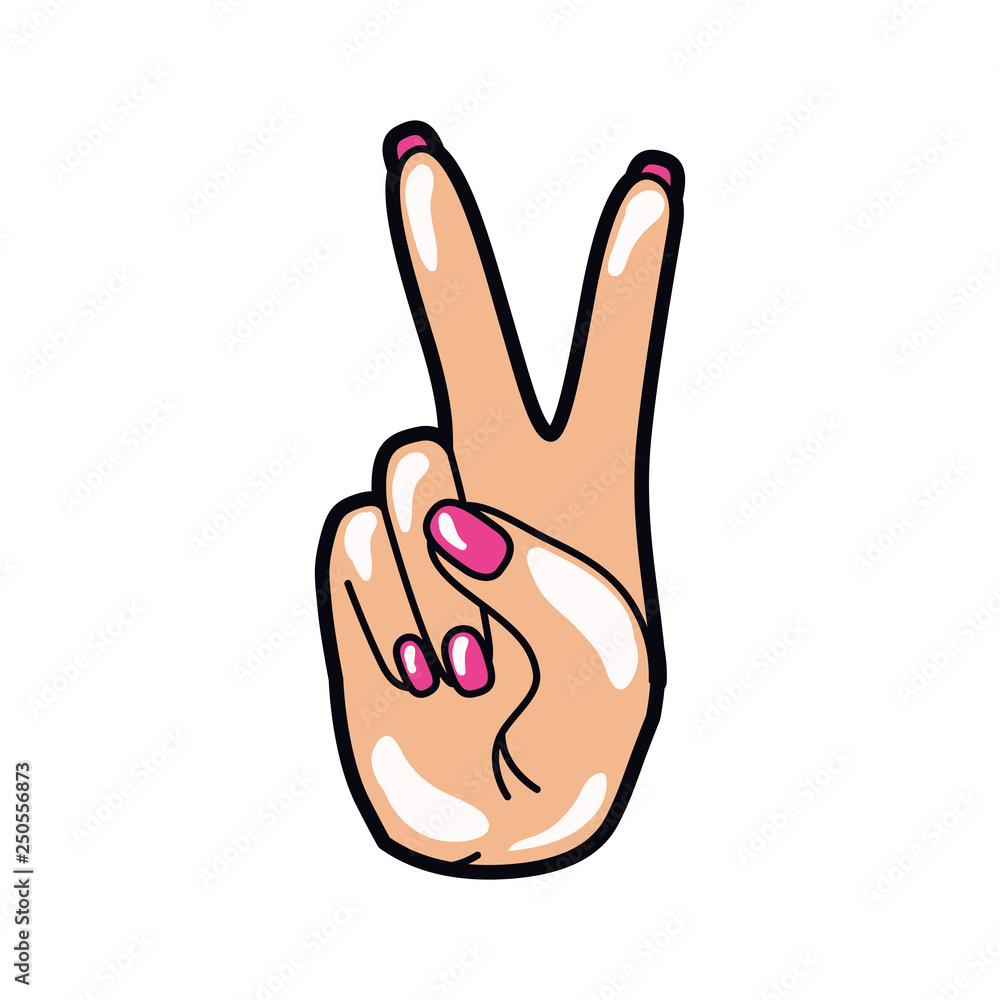 Sticker hand with peace sign and love pop art