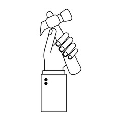 hand with hammer tool cartoon black and white