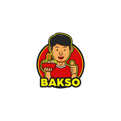 Yummy tasty bakso logo with young handsome character mascot show thumb of good taste and recommended