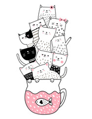 Cute baby cat with cup  hand drawn style for printing,banner, t shirt