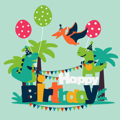 Happy birthday - lovely vector card with funny dinosaurs. Ideal for cards, invitations, party, banners, kindergarten, preschool and children room decoration