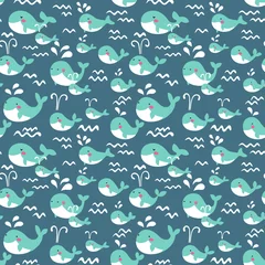 Wall murals Sea waves Cute seamless pattern with funny whales in pastel colors 