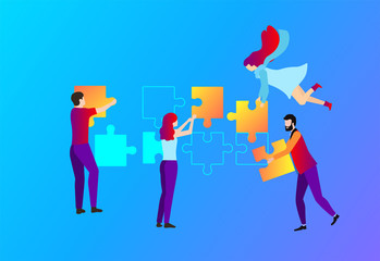 Teamwork blue poster. People solve the puzzle together.