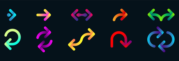Set of colorful rounded arrows isolated on black background.