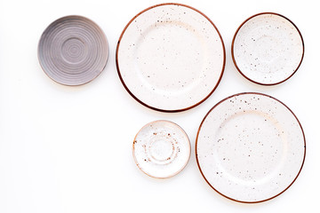 Mockup with plates. Empty ceramic plates on white background top view copy space